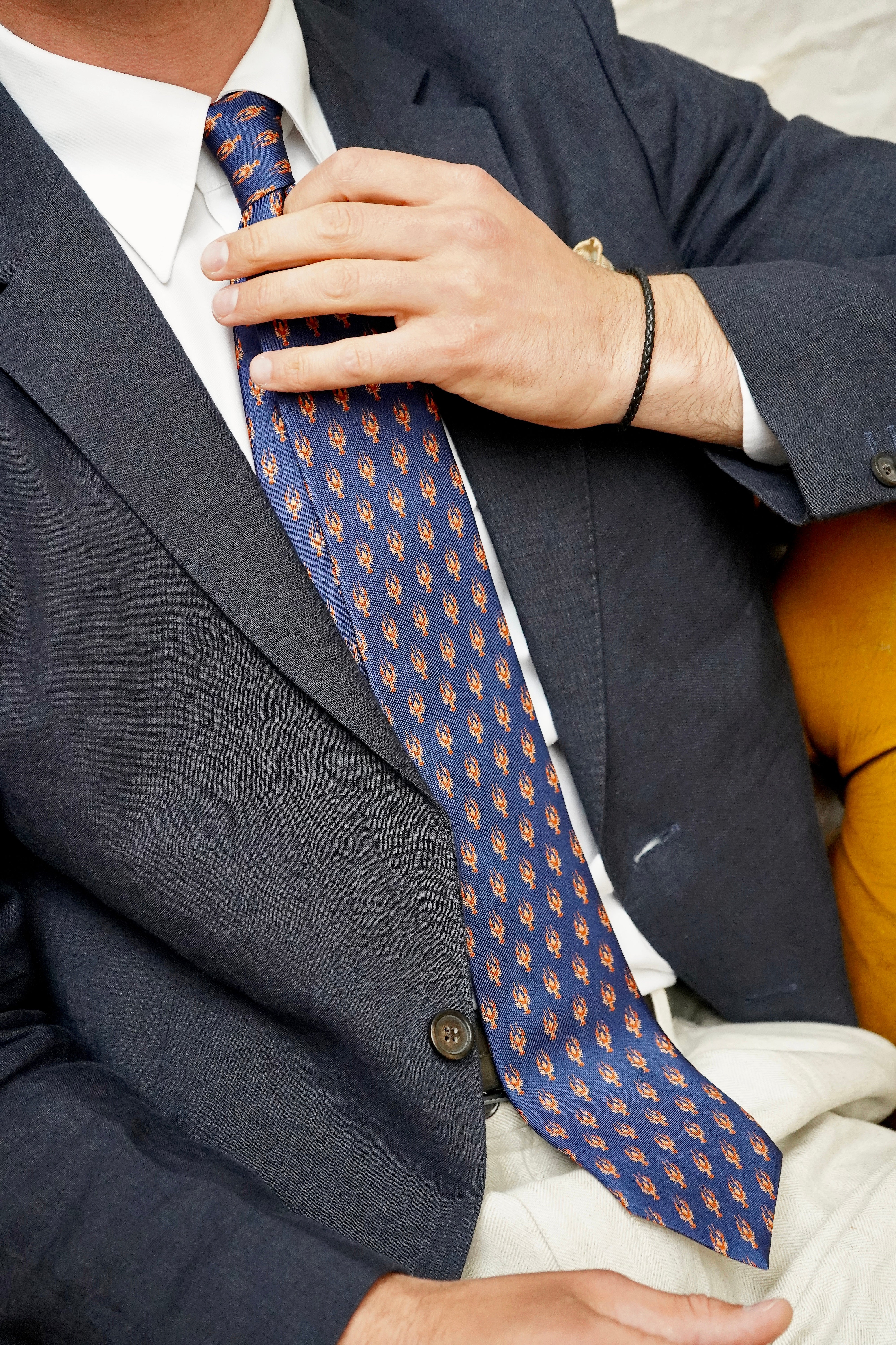 Marine Navy Lobster Print Silk Tie