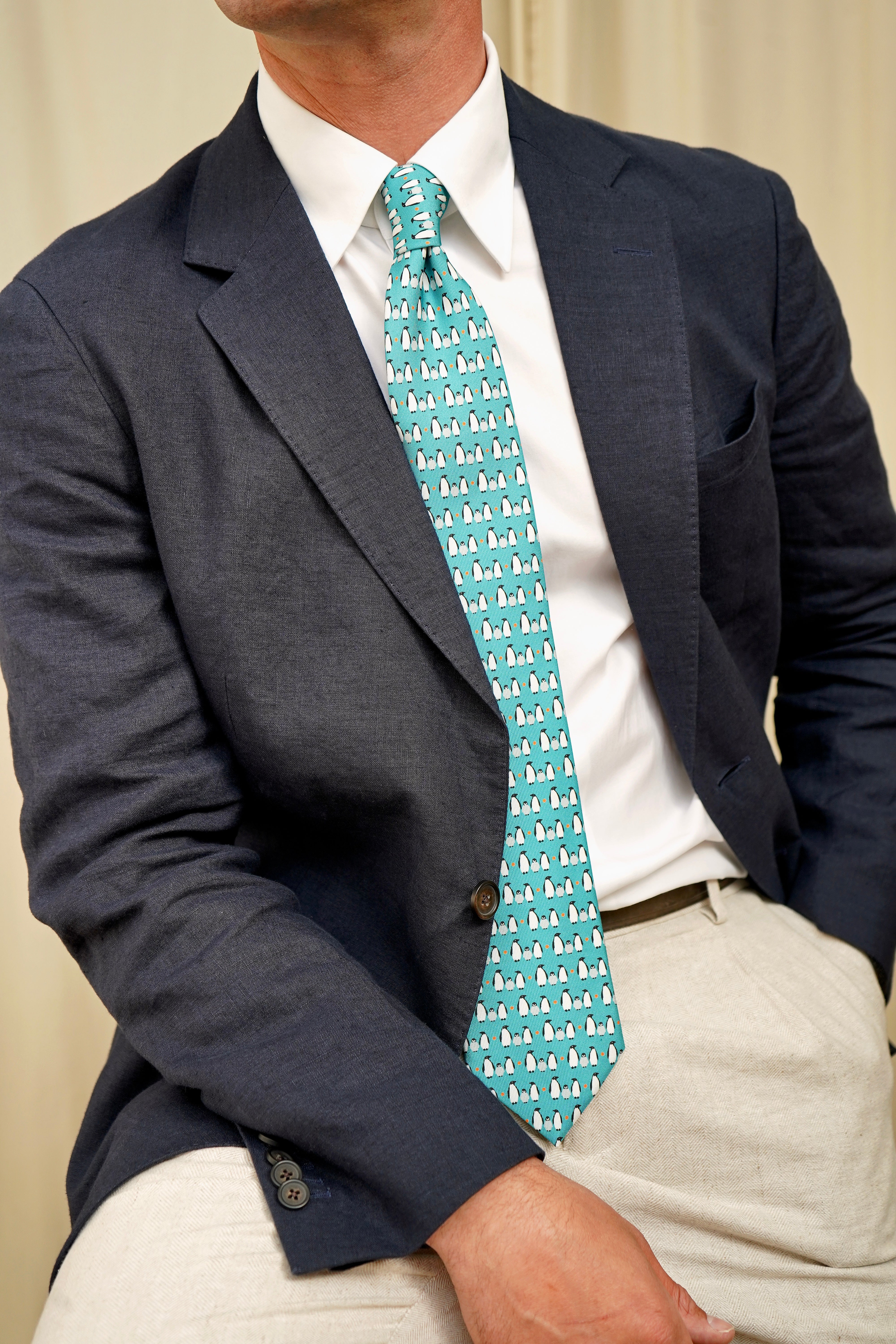 Teal Penguin Print Silk Tie