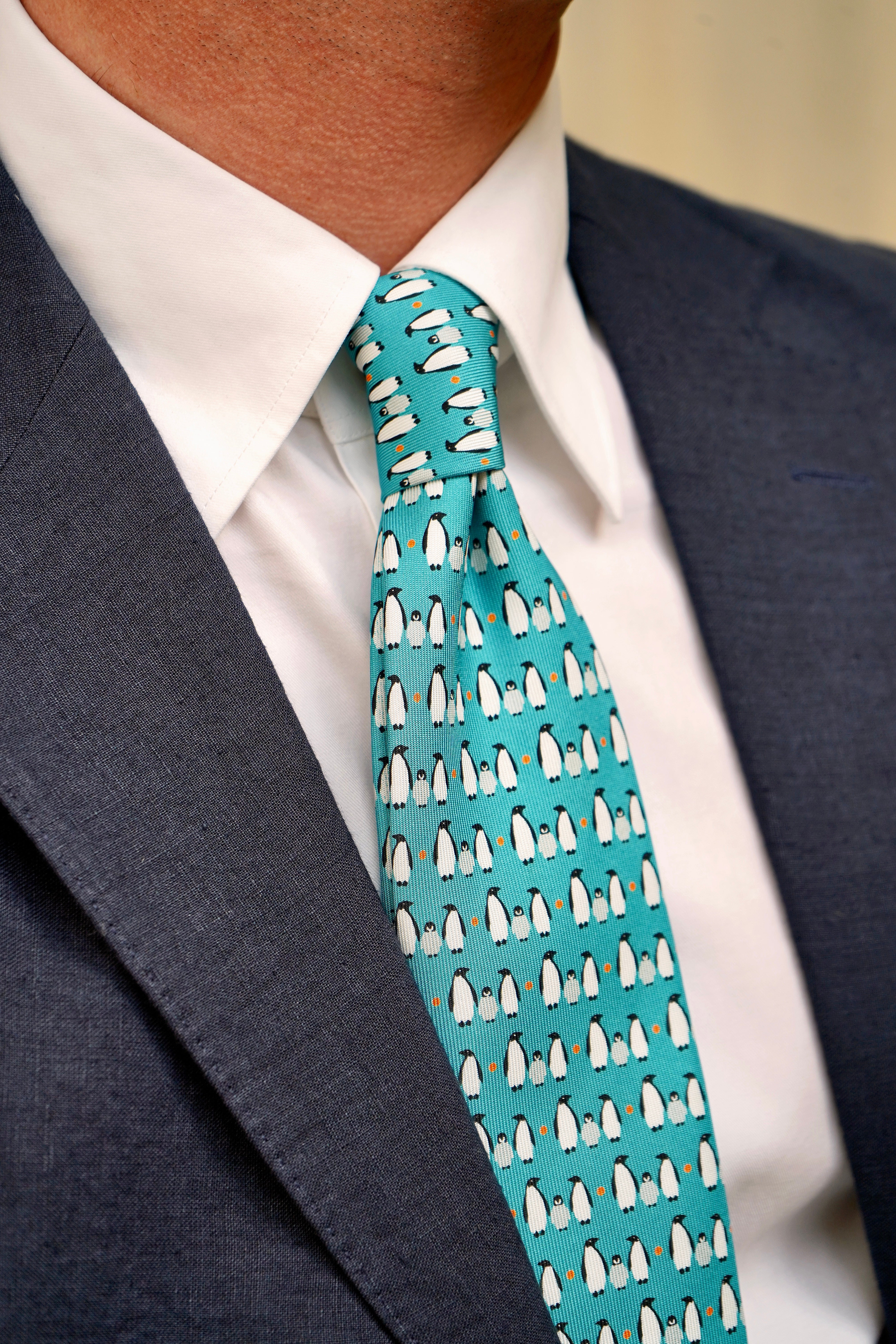 Teal Penguin Print Silk Tie