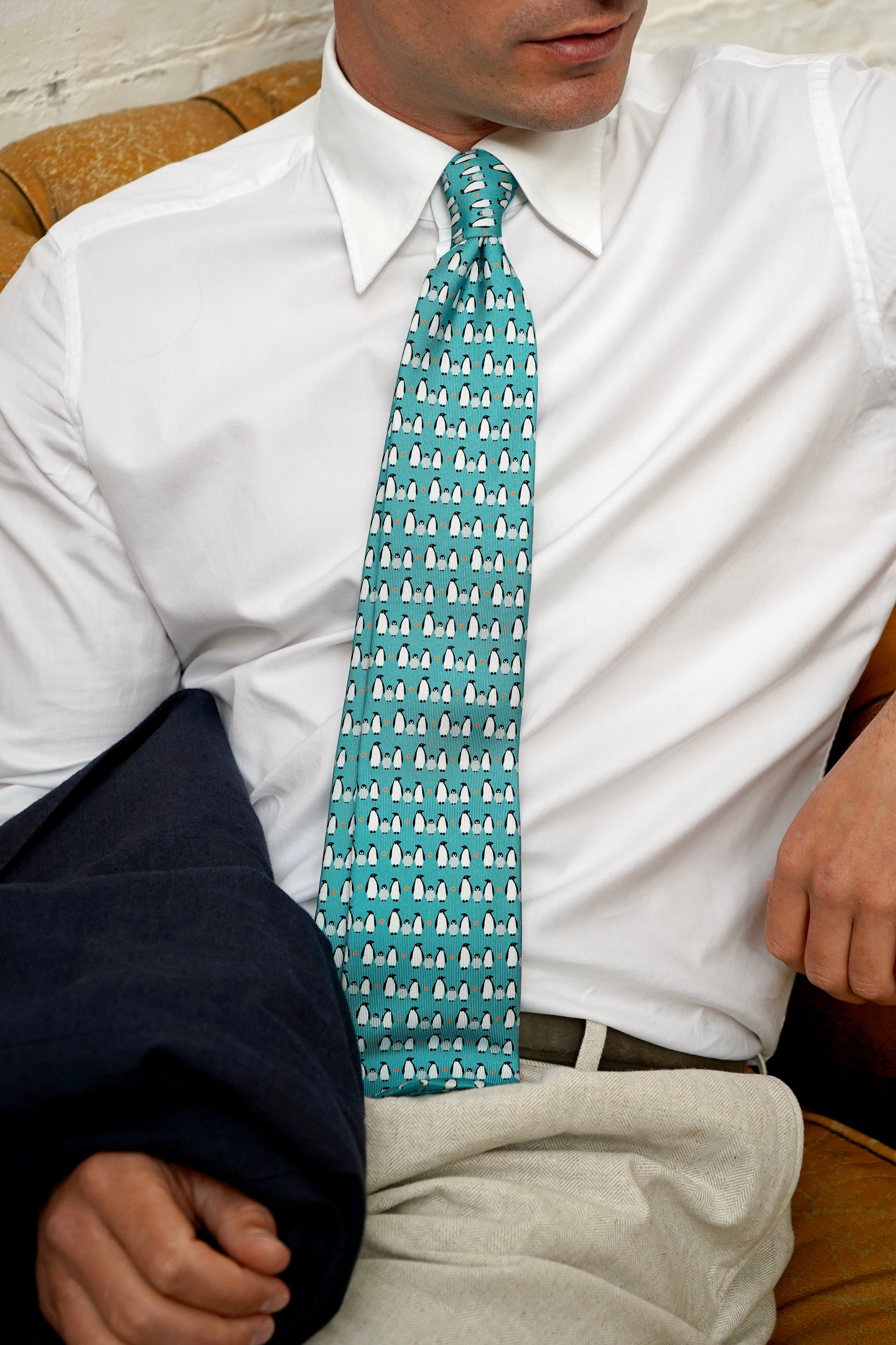 Teal Penguin Print Silk Tie
